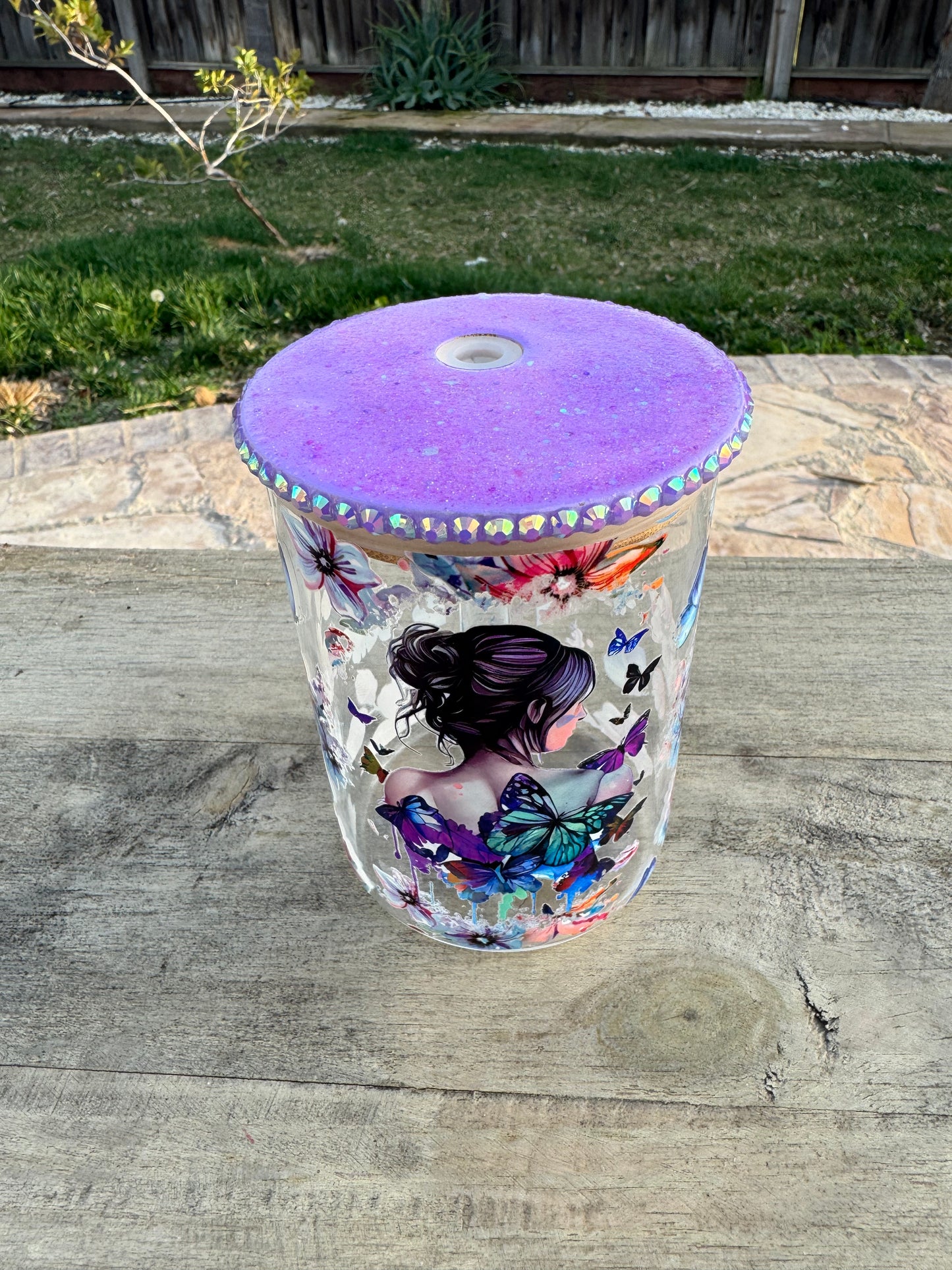 Butterfly Glass Mug 17oz with Bling Glitter Lid