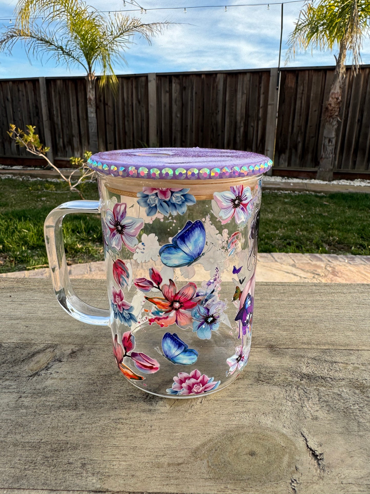 Butterfly Glass Mug 17oz with Bling Glitter Lid