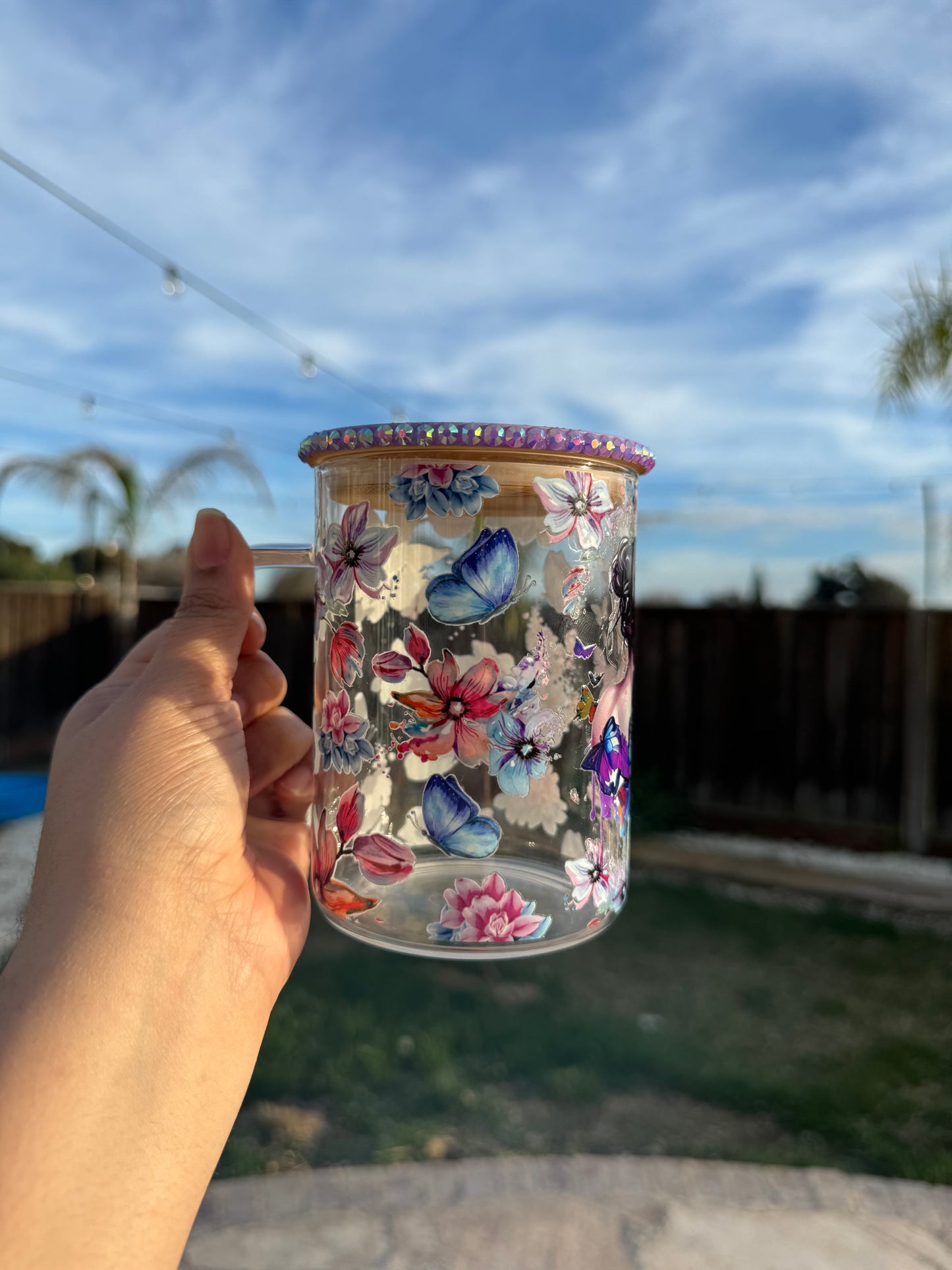 Butterfly Glass Mug 17oz with Bling Glitter Lid