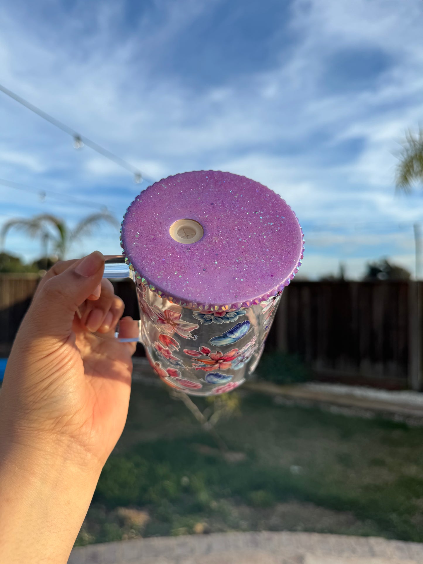 Butterfly Glass Mug 17oz with Bling Glitter Lid