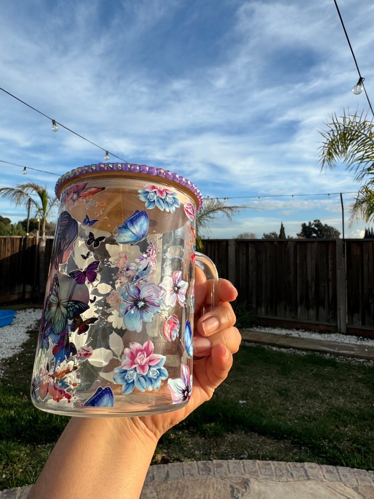 Butterfly Glass Mug 17oz with Bling Glitter Lid