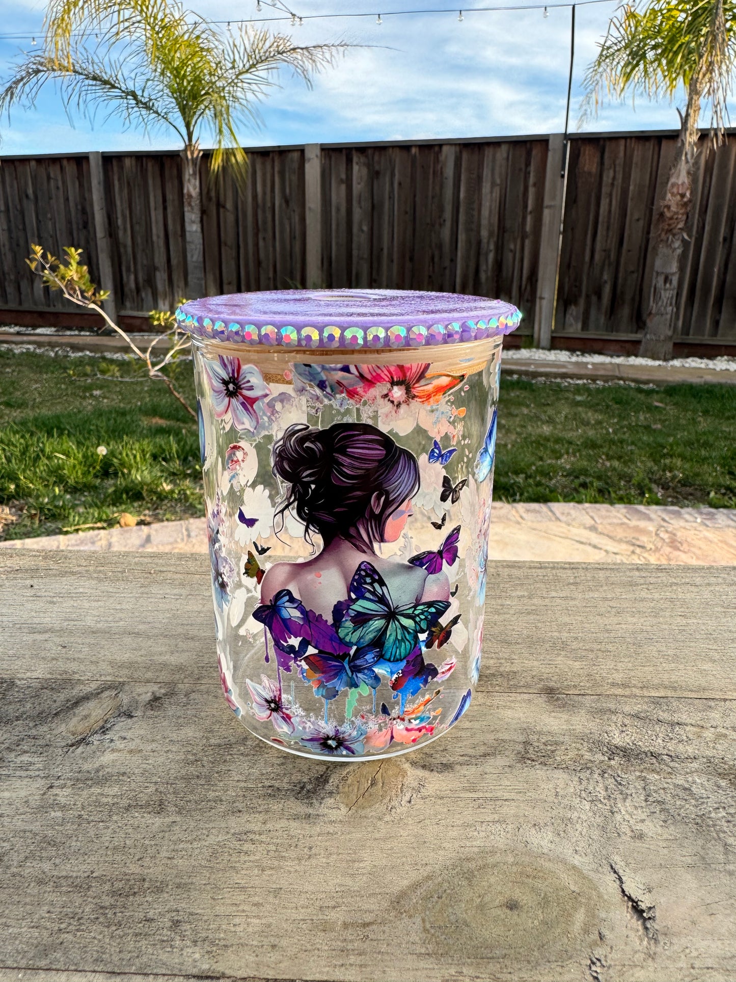 Butterfly Glass Mug 17oz with Bling Glitter Lid