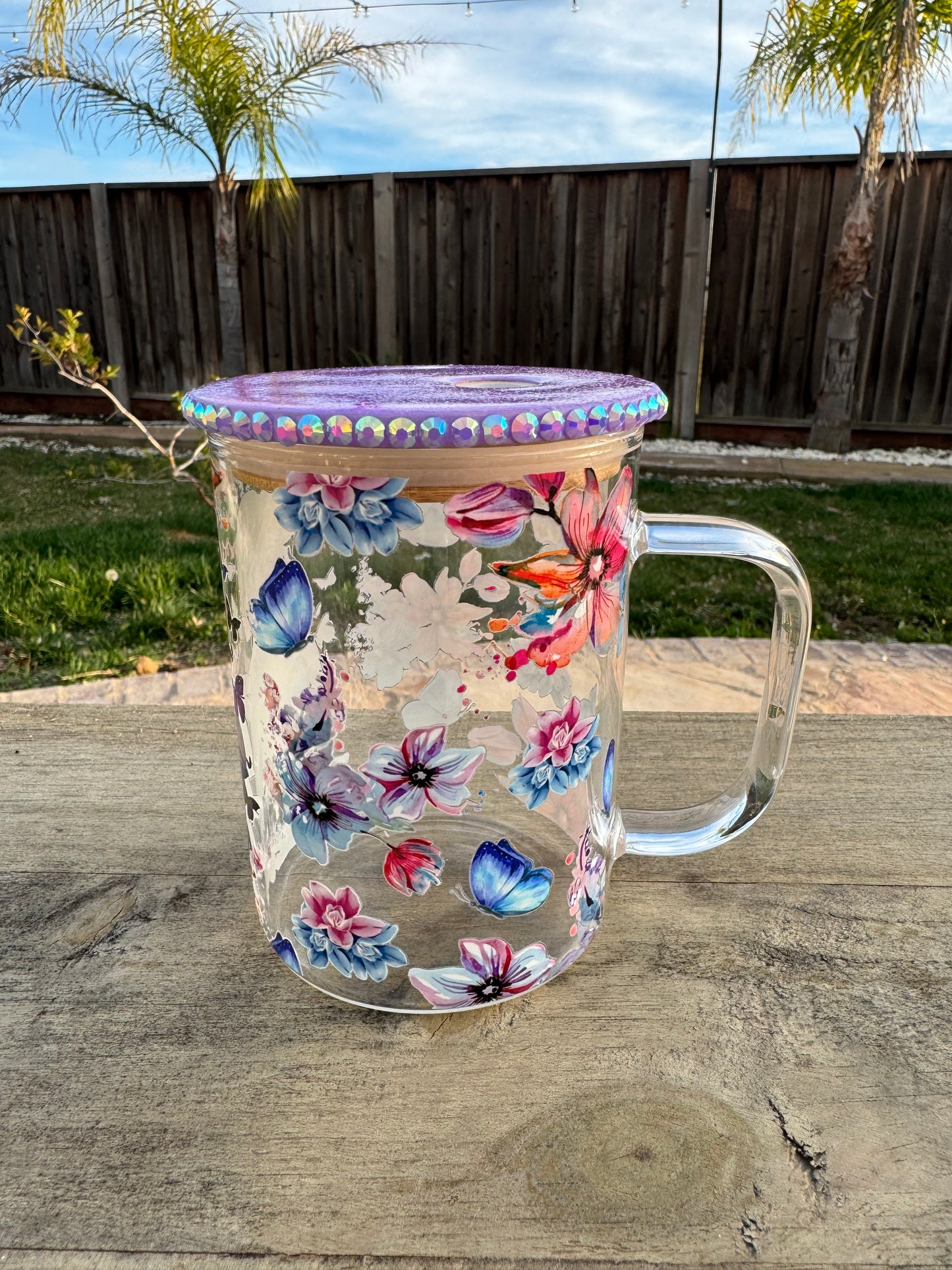 Butterfly Glass Mug 17oz with Bling Glitter Lid