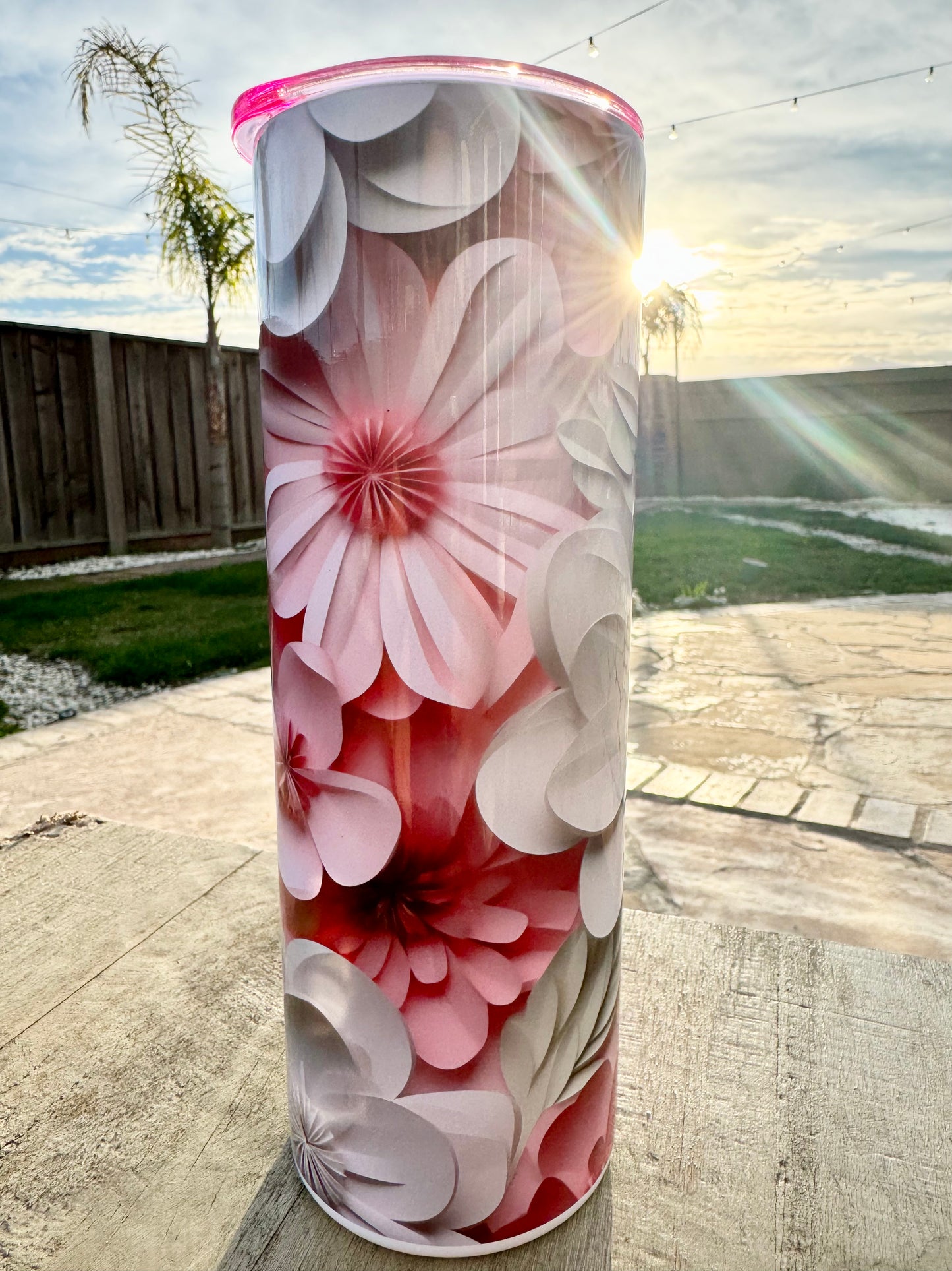 Pink and White Floral Tumbler - Color Lid Included