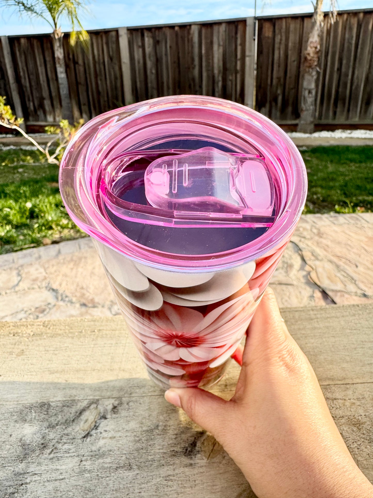 Pink and White Floral Tumbler - Color Lid Included