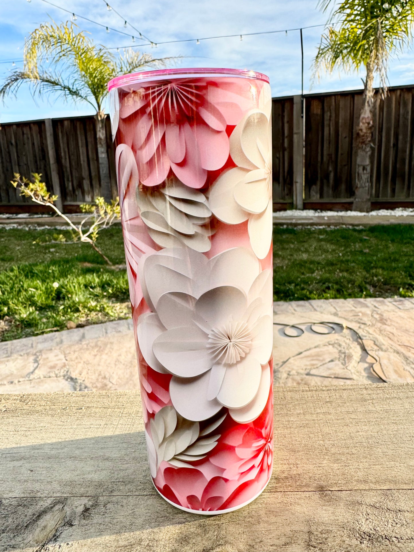 Pink and White Floral Tumbler - Color Lid Included