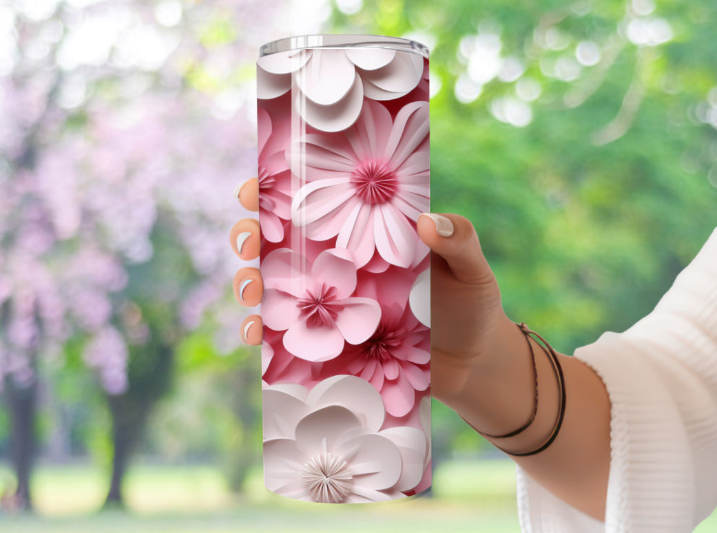 Pink and White Floral Tumbler - Color Lid Included