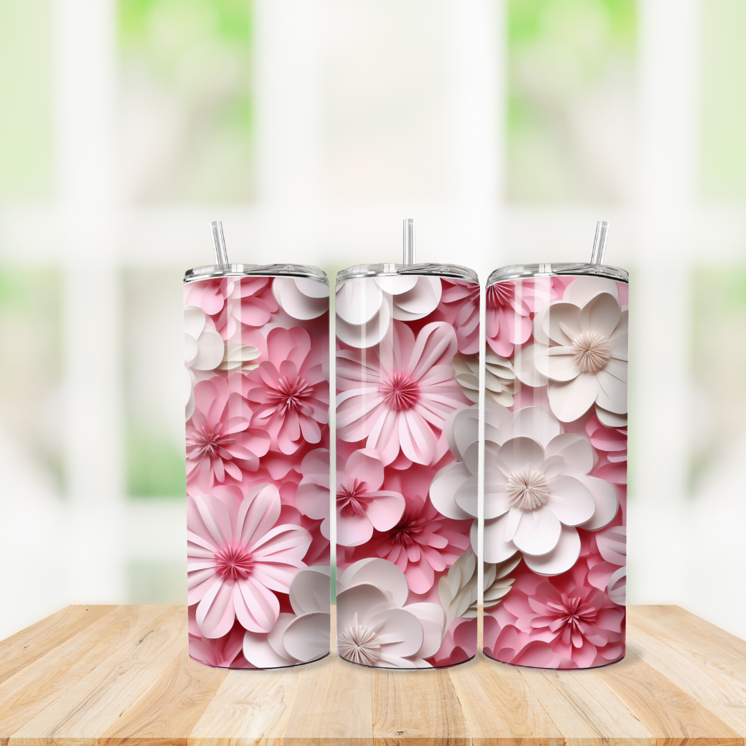 Pink and White Floral Tumbler - Color Lid Included